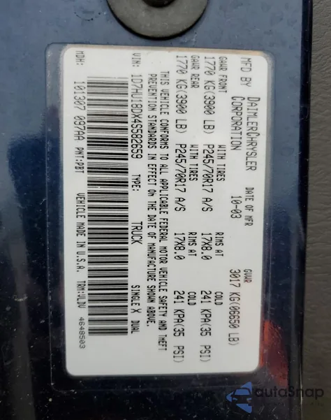 2004 Dodge Ram 1500 St из США, поврежденный, VIN 1D7HU18DX4S582659